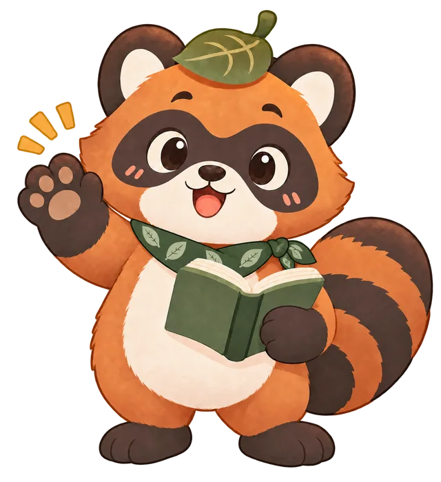 Kenta the tanuki waving and welcoming you to learn kanji, wearing a leaf-patterned bandana scarf